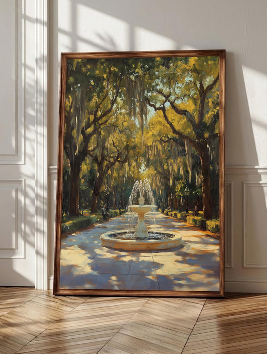 Savannah wall art: the white cast-iron Forsyth Park fountain under mossy live oaks