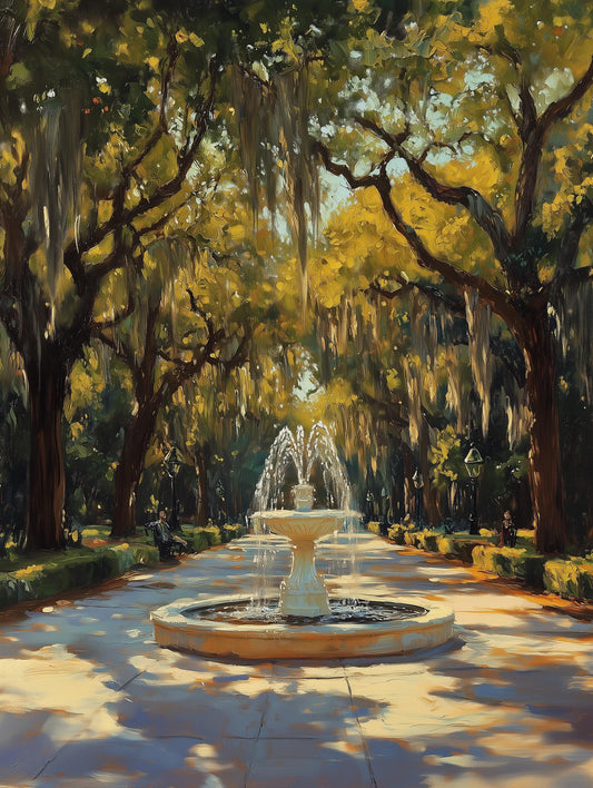 Forsyth Park canvas print with Spanish moss drawn in soft oil brushwork