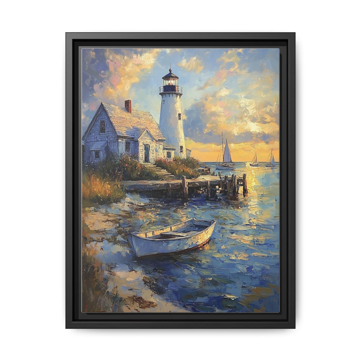 Nantucket wall art framed canvas print in a black wood frame