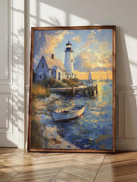 Nantucket wall art: the white Brant Point lighthouse beside a shingled harbor cottage