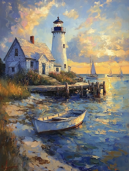 Painterly Nantucket canvas print with sailboats resting in the calm harbor