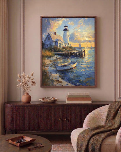 Oil-painting style New England coastal print in a solid wood frame, made to order