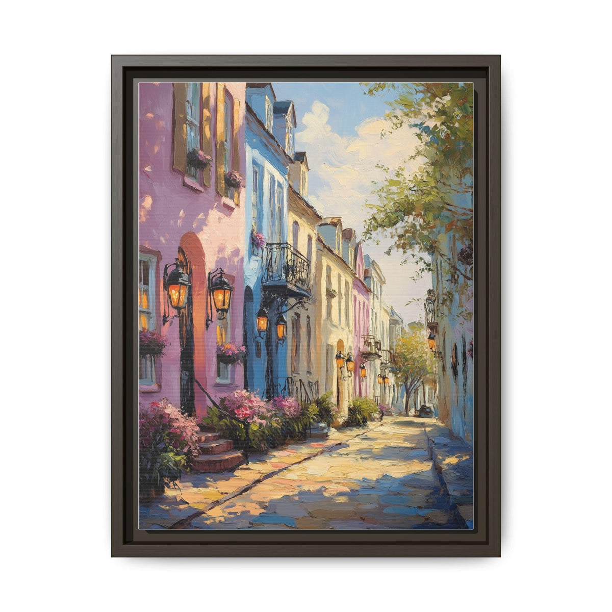 Charleston wall art framed canvas print in an espresso wood frame