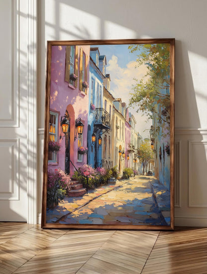 Charleston wall art: pink, blue and cream Rainbow Row townhouses, framed canvas print