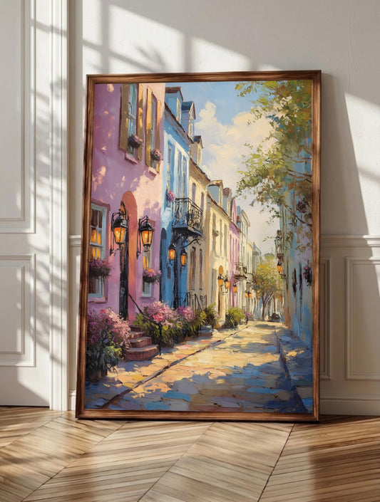 Charleston wall art: pink, blue and cream Rainbow Row townhouses, framed canvas print