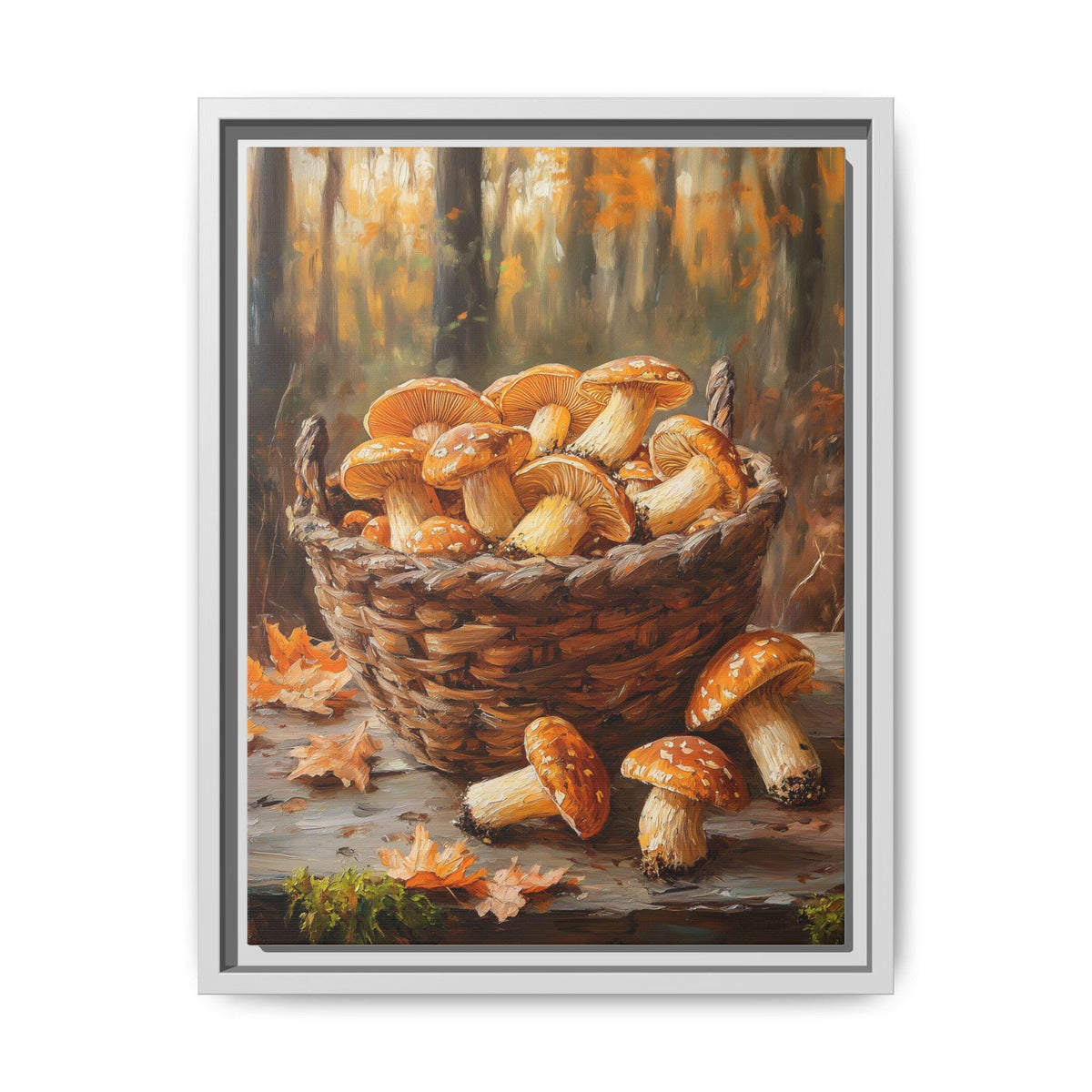 Mushroom wall art framed canvas print in a white wood frame