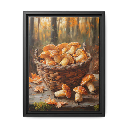 Mushroom wall art framed canvas print in a black wood frame
