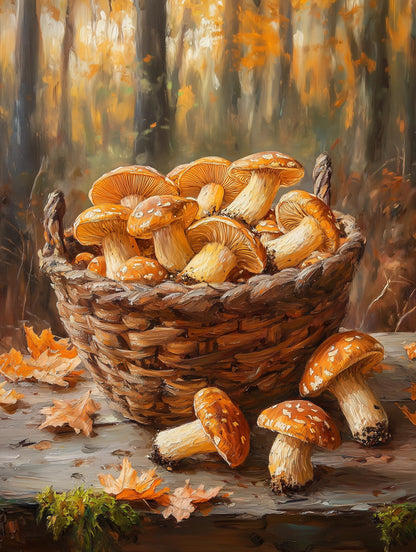 Impasto oil still life with scattered autumn leaves around the forage