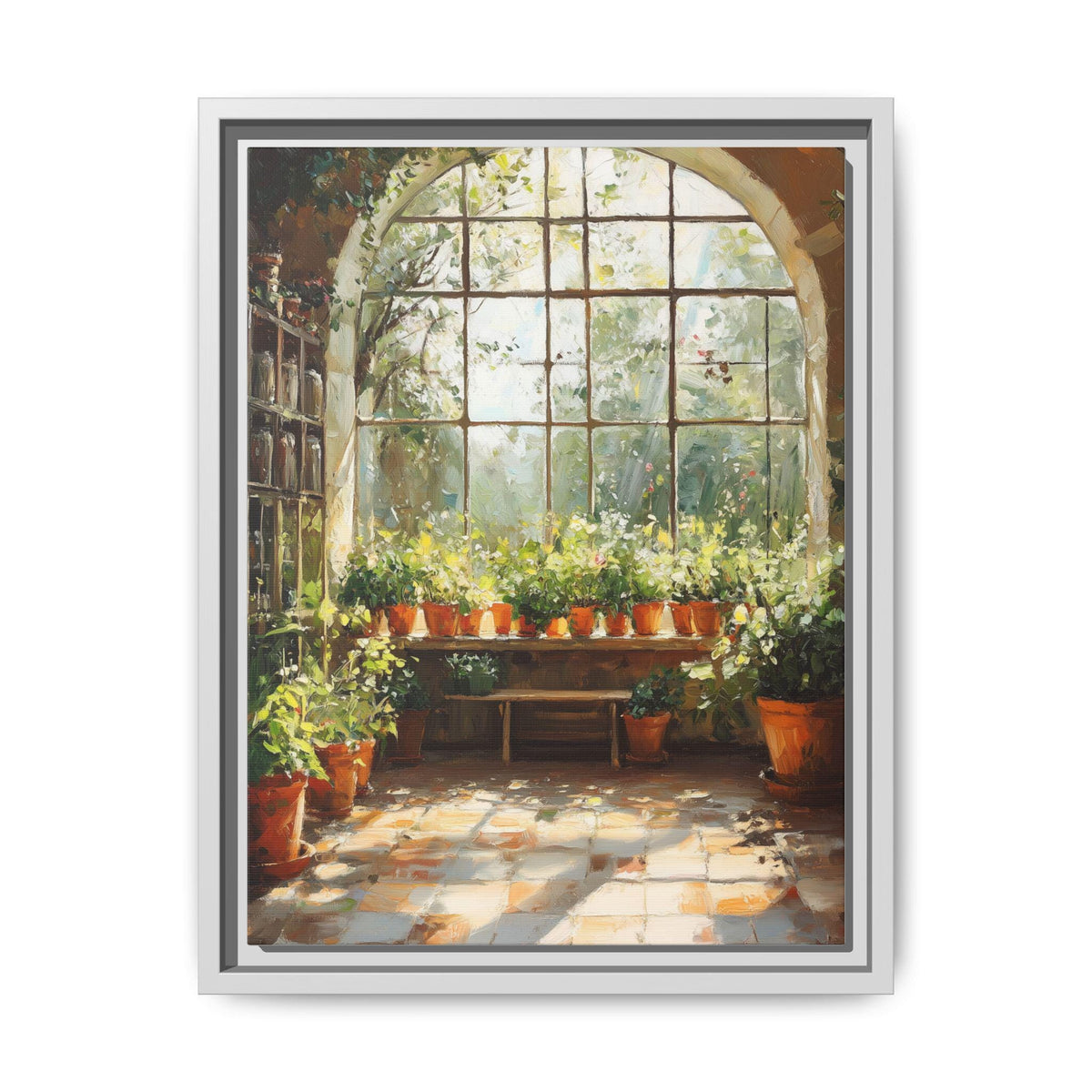 Greenhouse wall art framed canvas print in a white wood frame