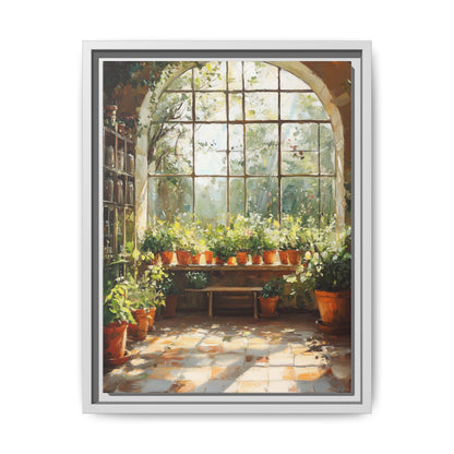 Greenhouse wall art framed canvas print in a white wood frame