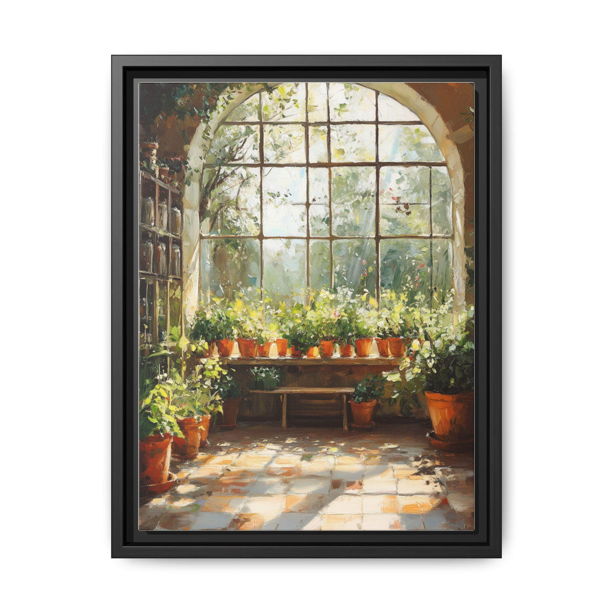 Greenhouse wall art framed canvas print in a black wood frame