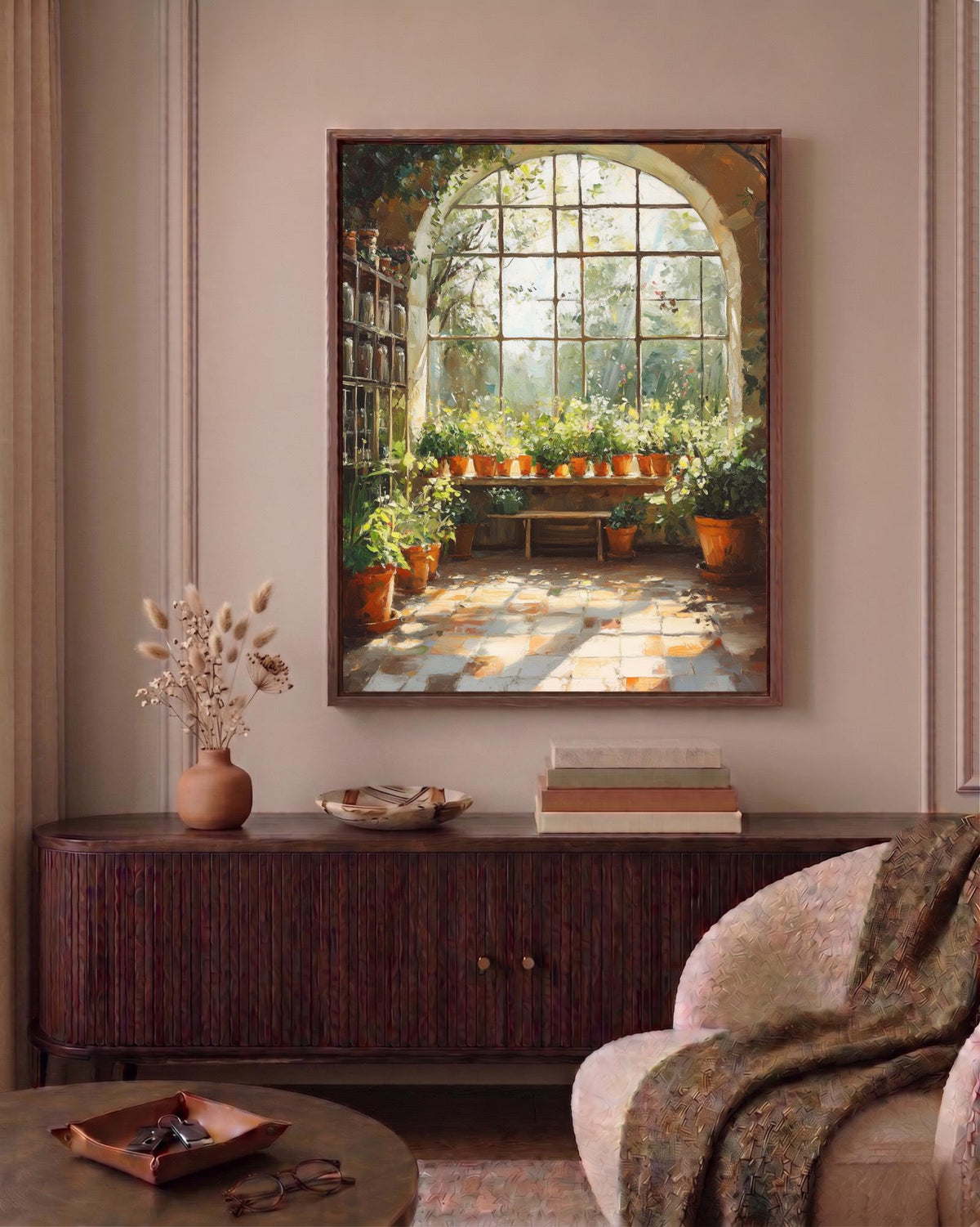 Oil-painting style conservatory scene in green and rust, made to order
