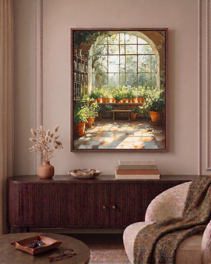 Oil-painting style conservatory scene in green and rust, made to order