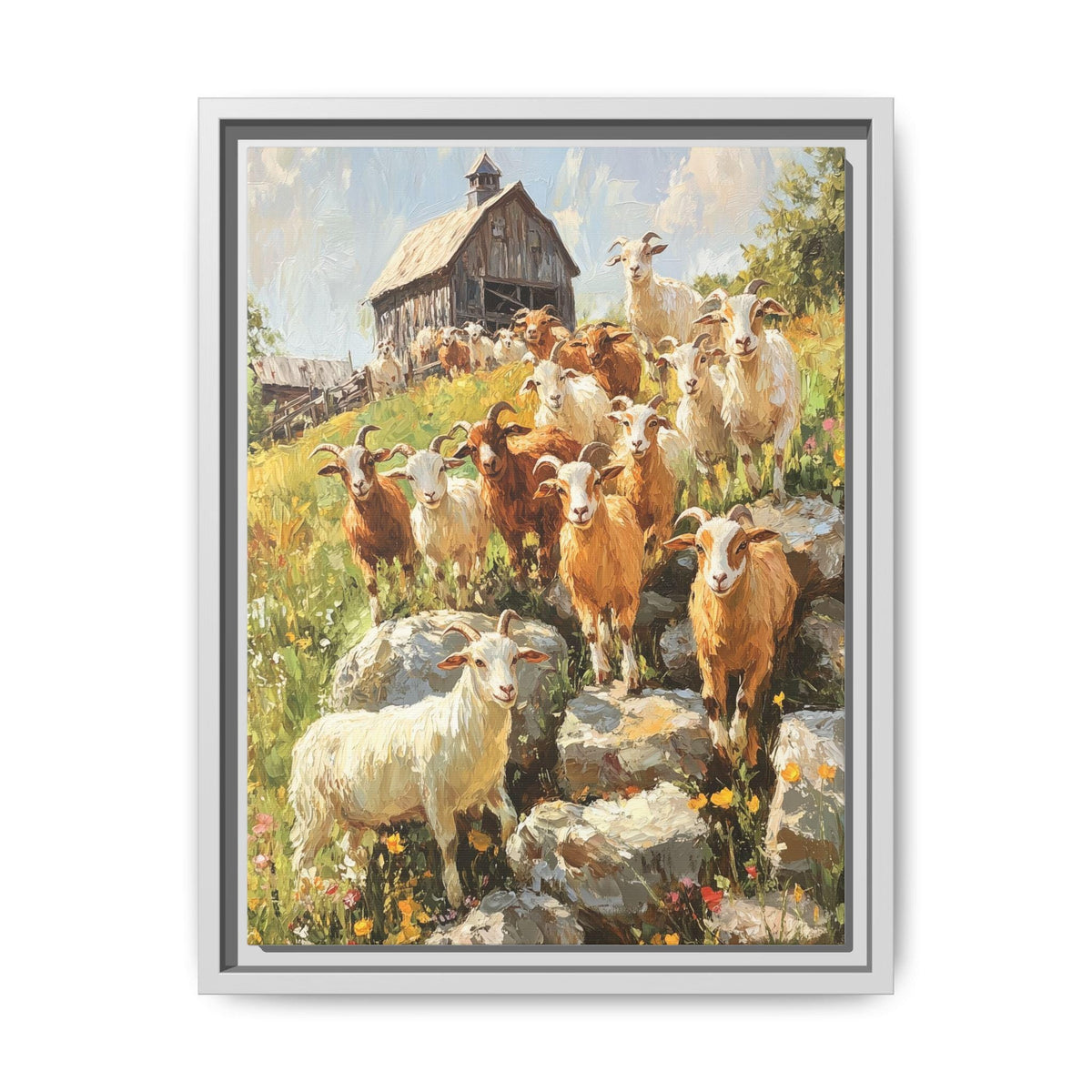 Goat wall art framed canvas print in a white wood frame