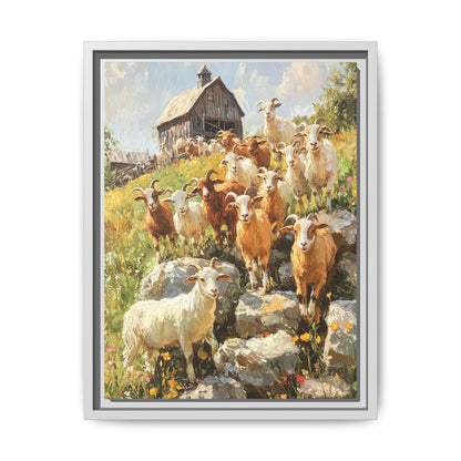 Goat wall art framed canvas print in a white wood frame