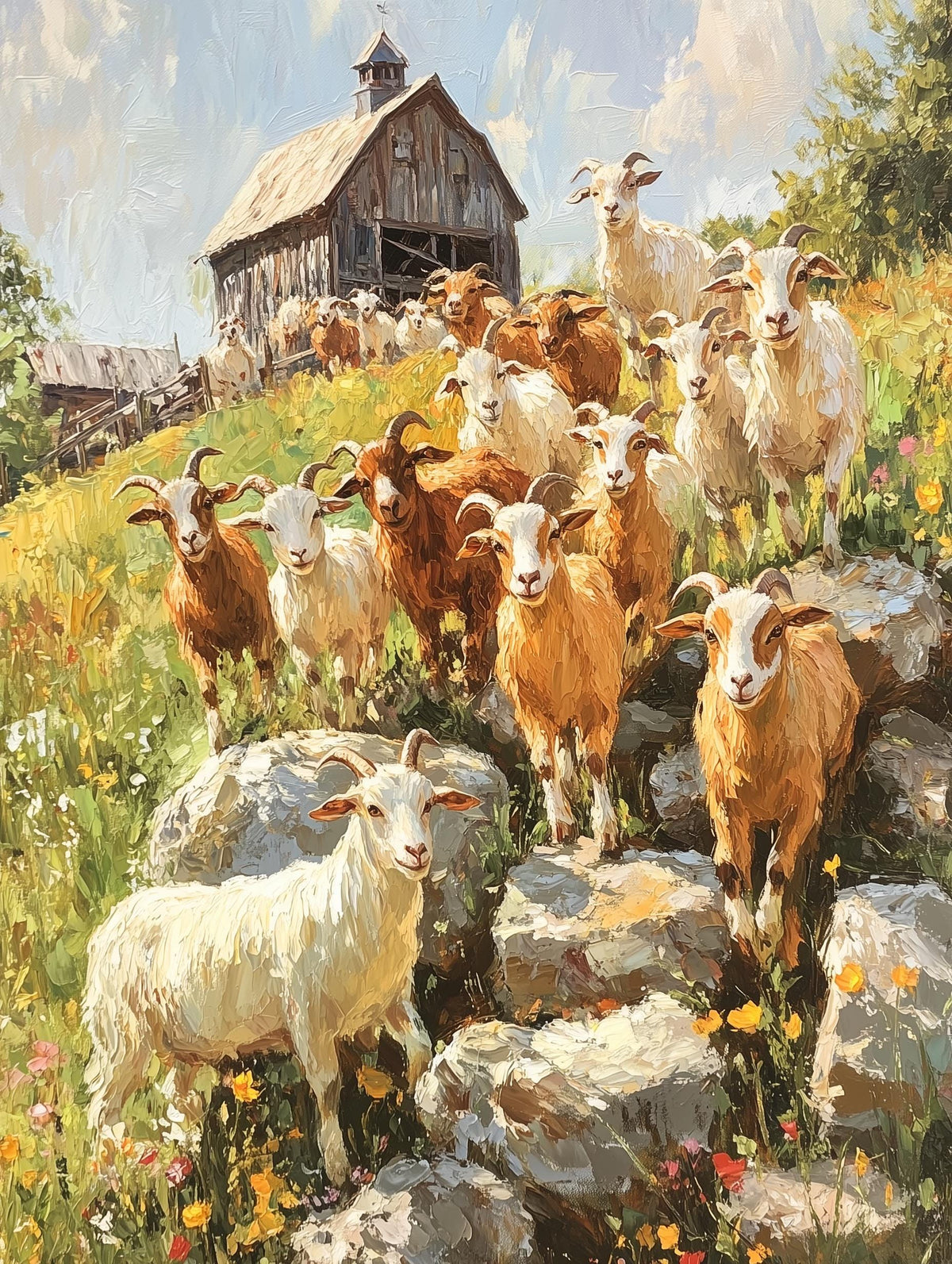 Painterly farmhouse animal canvas print with wildflowers across the slope