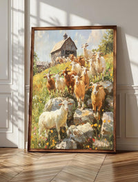 Goat wall art: brown and white goats scrambling over weathered rocks on a hillside