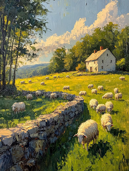 Farmhouse canvas print with a small white cottage painted in thick impasto oils