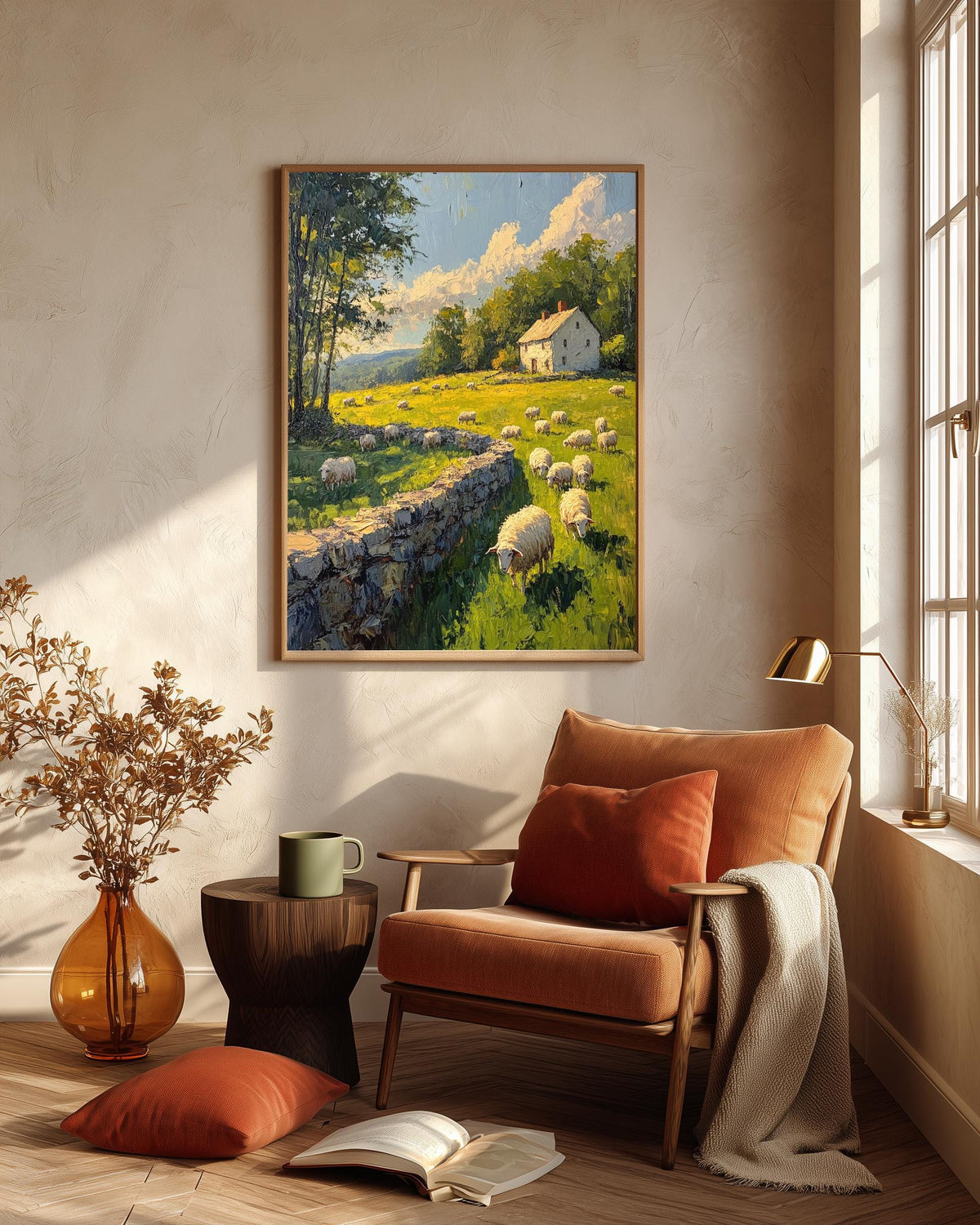Grazing sheep framed canvas in a handmade solid wood frame, ready to hang