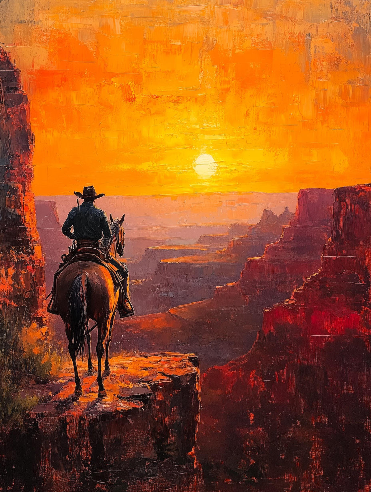 Painterly Western canvas print of layered red and ochre cliffs fading into haze