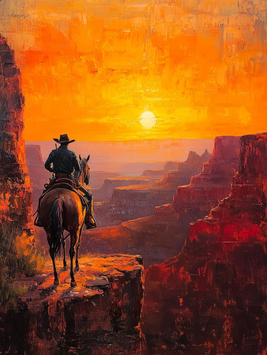 Painterly Western canvas print of layered red and ochre cliffs fading into haze