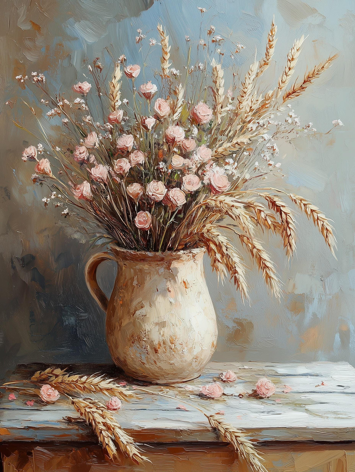 Painterly wildflower still life canvas print with a handmade ceramic jug