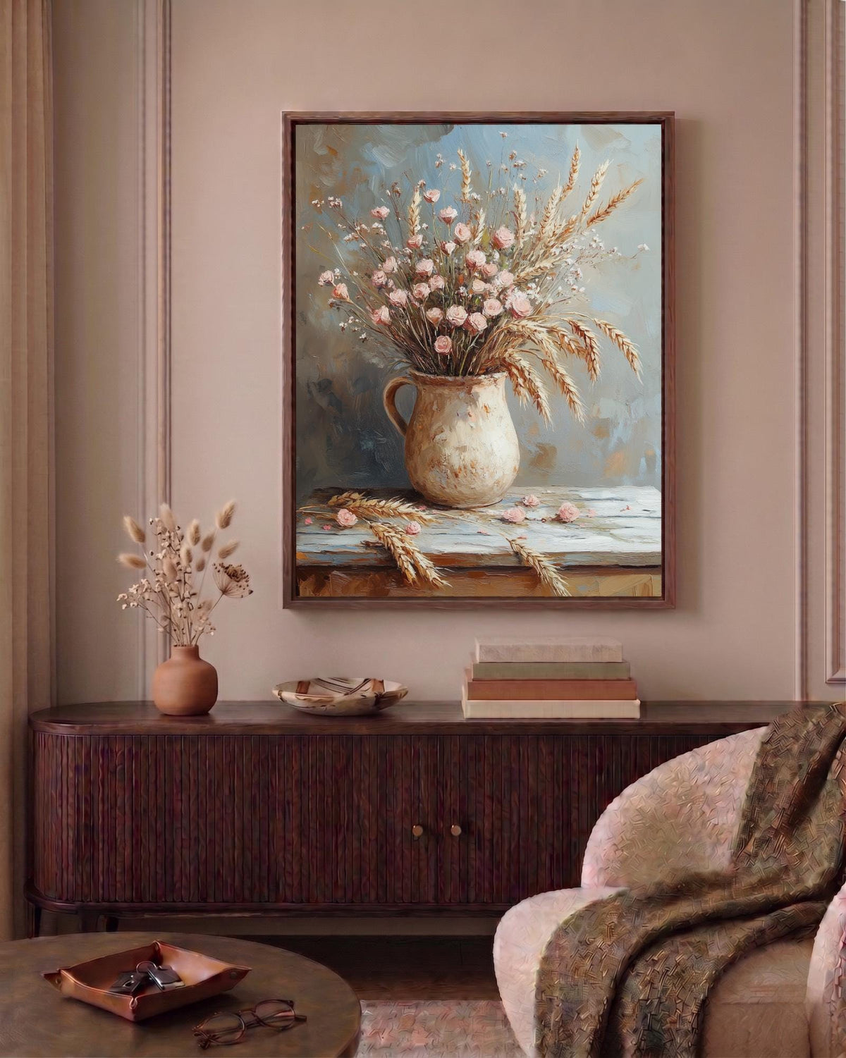 Oil-painting style rustic bouquet in wheat gold and faded rose, ready to hang