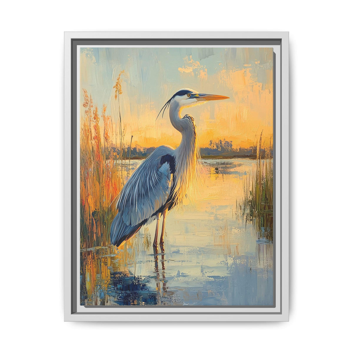 Blue Heron wall art framed canvas print in a white wood frame