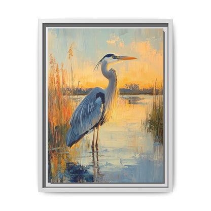 Blue Heron wall art framed canvas print in a white wood frame
