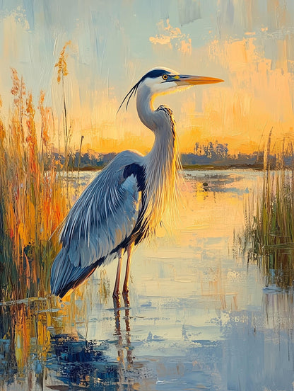 Painterly marsh canvas print with the heron's reflection rippling below