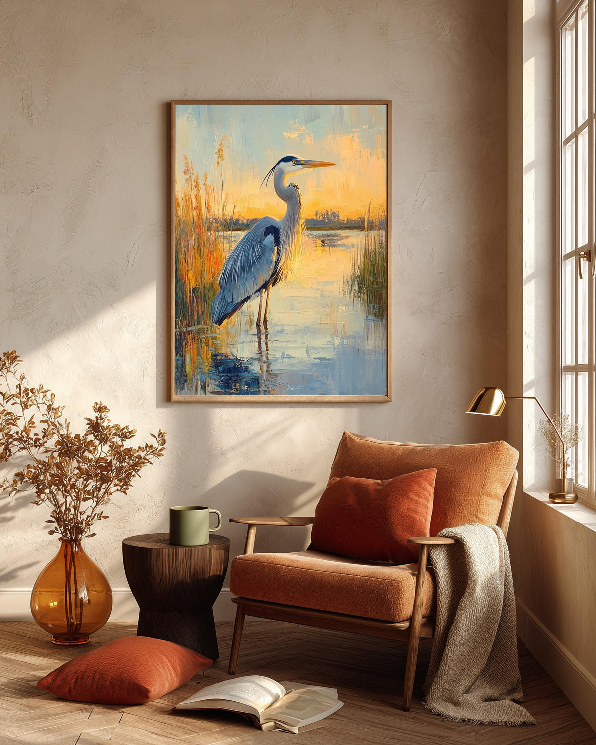 Great blue heron framed canvas printed on cotton and hand-framed in solid wood