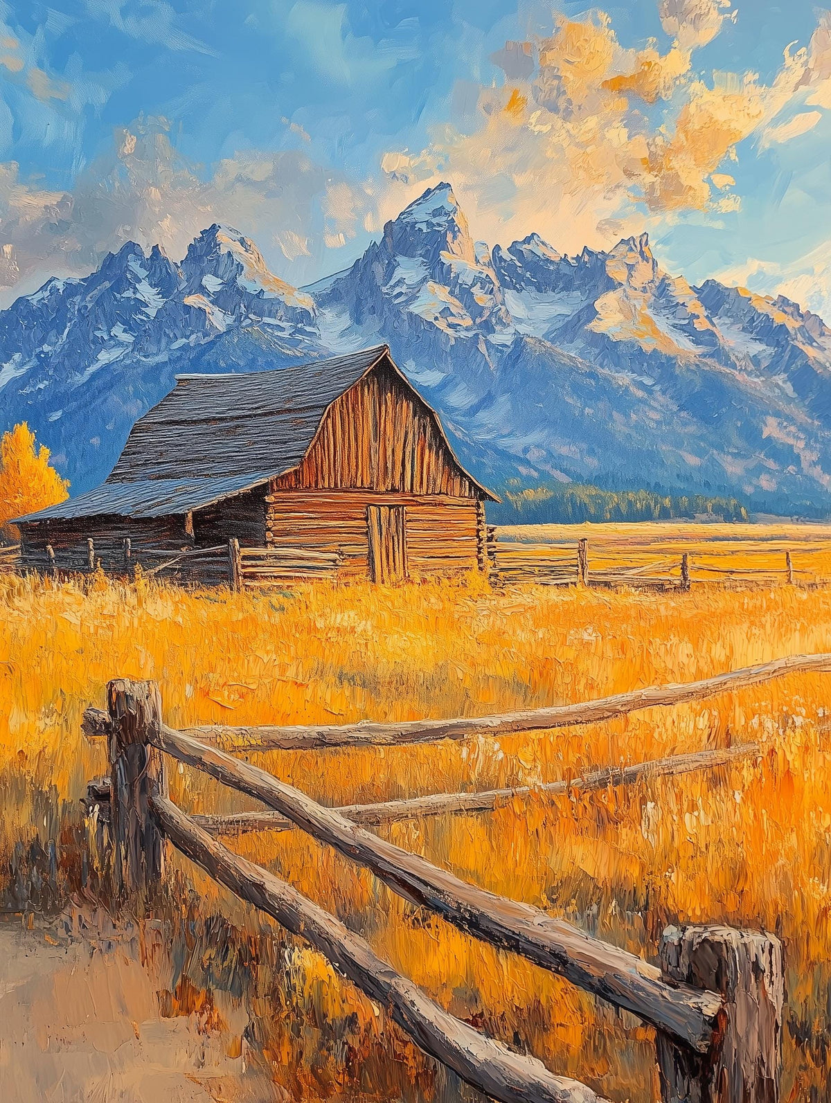 Painterly Wyoming canvas print of the Tetons worked in thick impasto oils