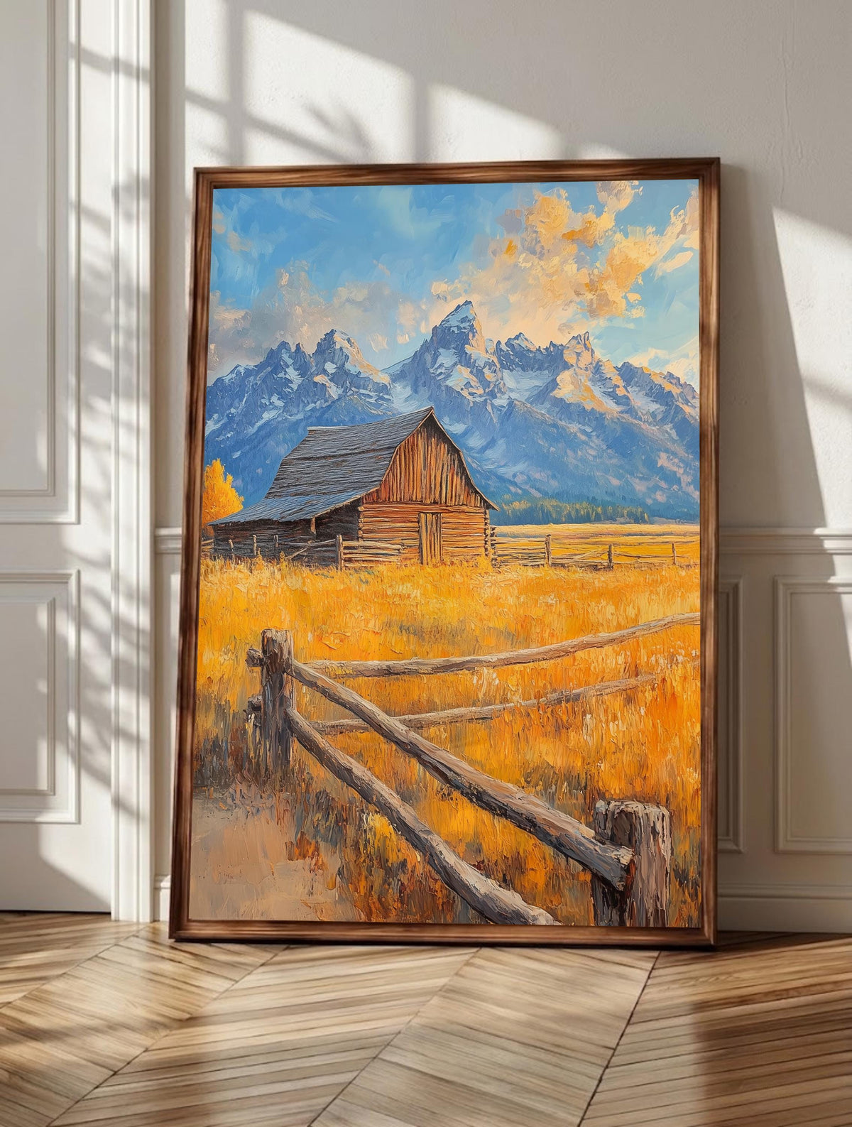 Grand Teton wall art: a weathered ranch barn in a golden meadow below snowy peaks