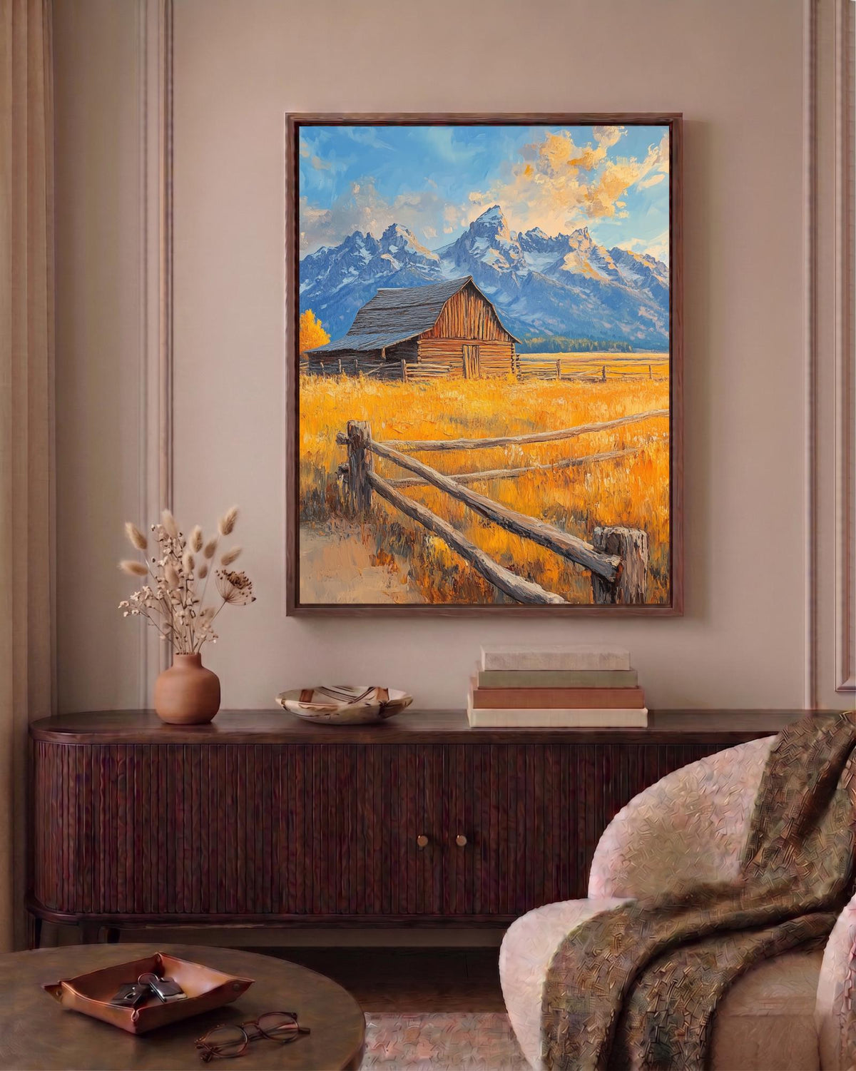 Oil-painting style mountain barn scene in gold and slate blue, ready to hang