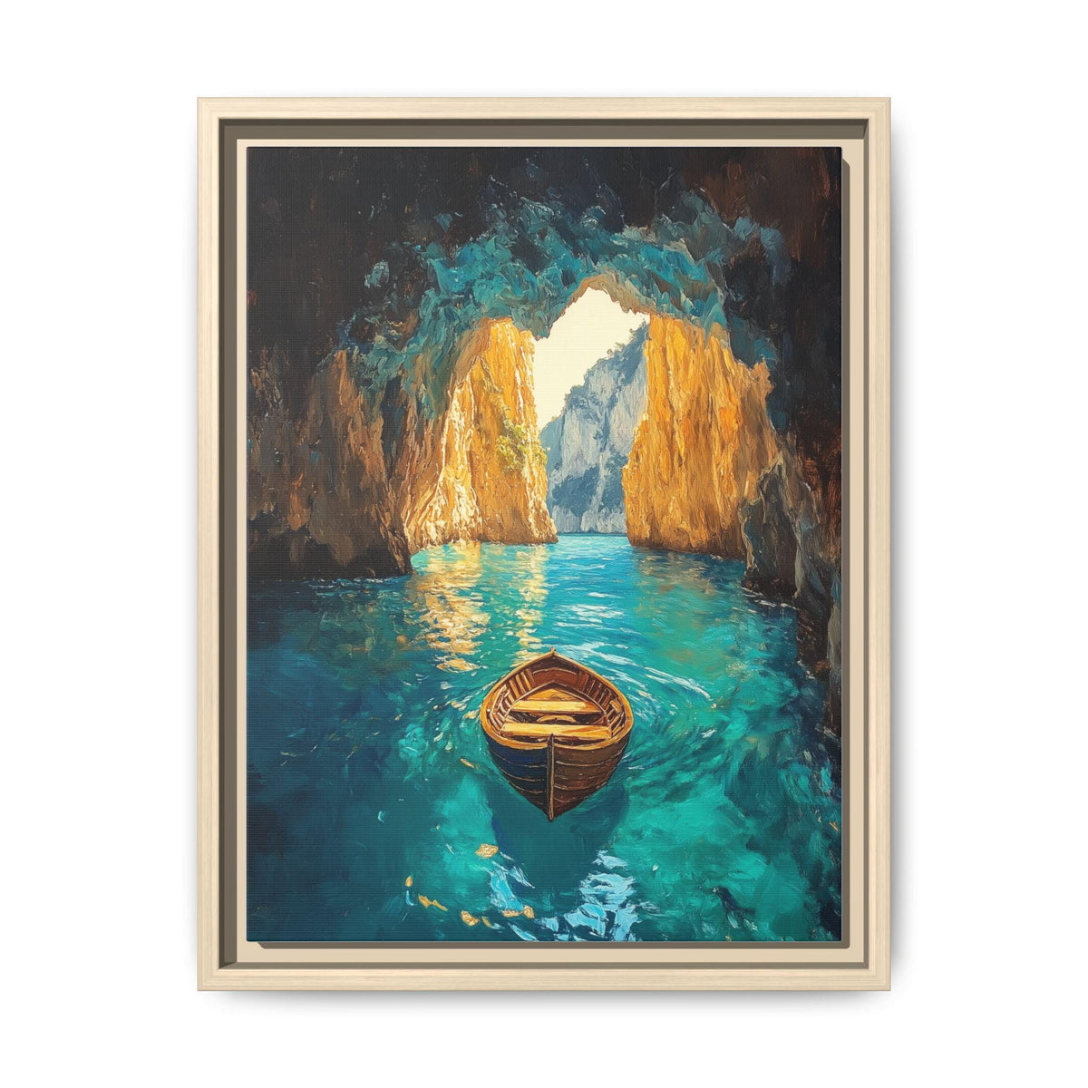 Blue Grotto wall art framed canvas print in a natural wood frame