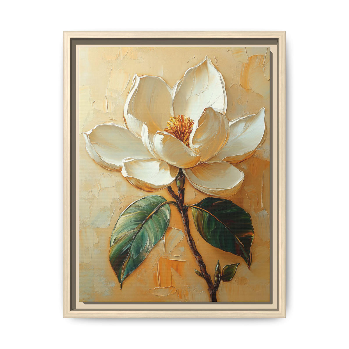 Magnolia wall art framed canvas print in a natural wood frame