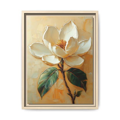 Magnolia wall art framed canvas print in a natural wood frame