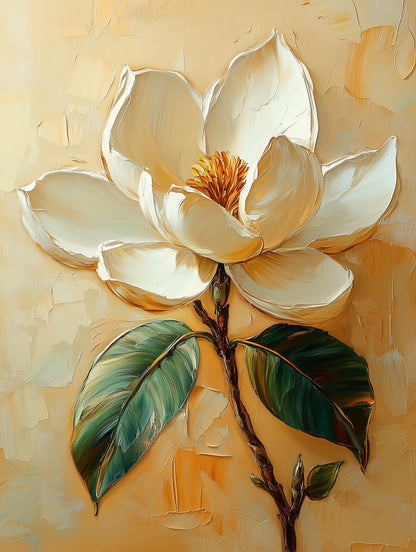 Impasto oil flower painting on a warm golden ground, thick visible brushwork