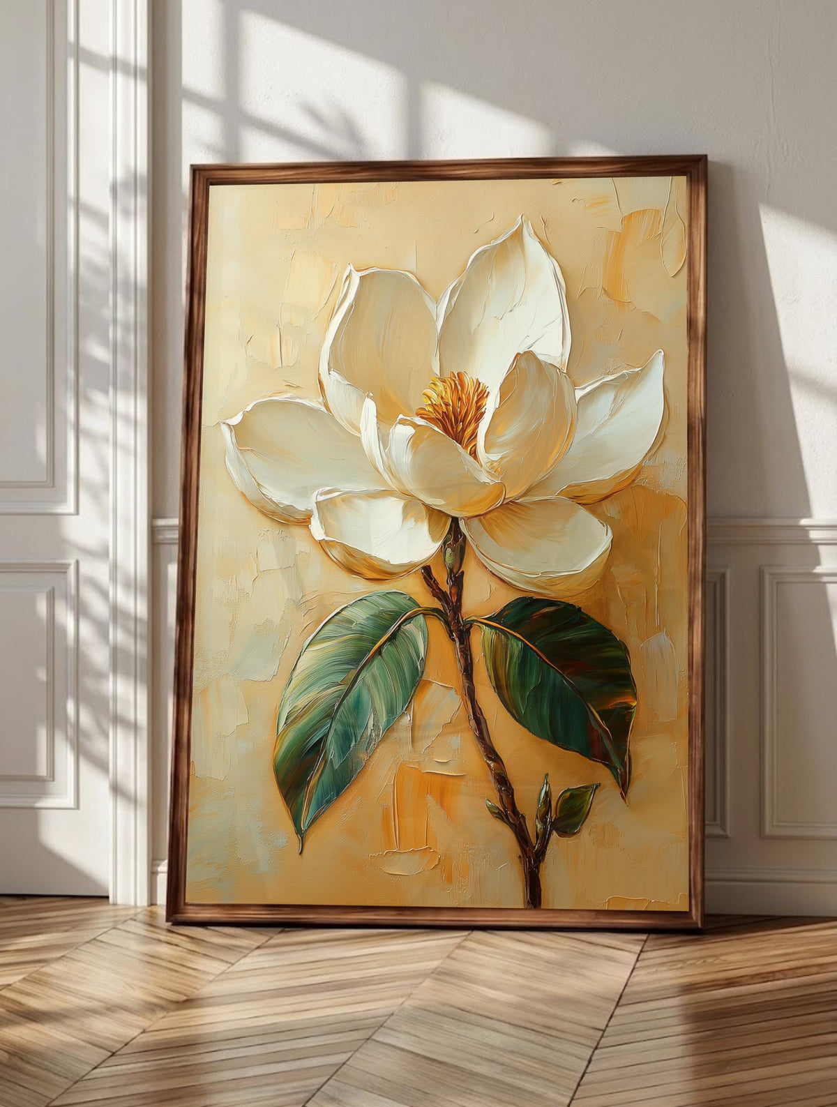 Magnolia wall art: a white magnolia opening against dark glossy leaves, framed canvas print