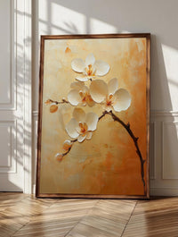 Orchid wall art: a white orchid branch blooming against a glowing amber ground
