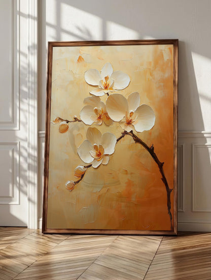 Orchid wall art: a white orchid branch blooming against a glowing amber ground