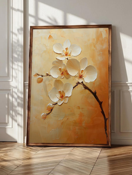 Orchid wall art: a white orchid branch blooming against a glowing amber ground