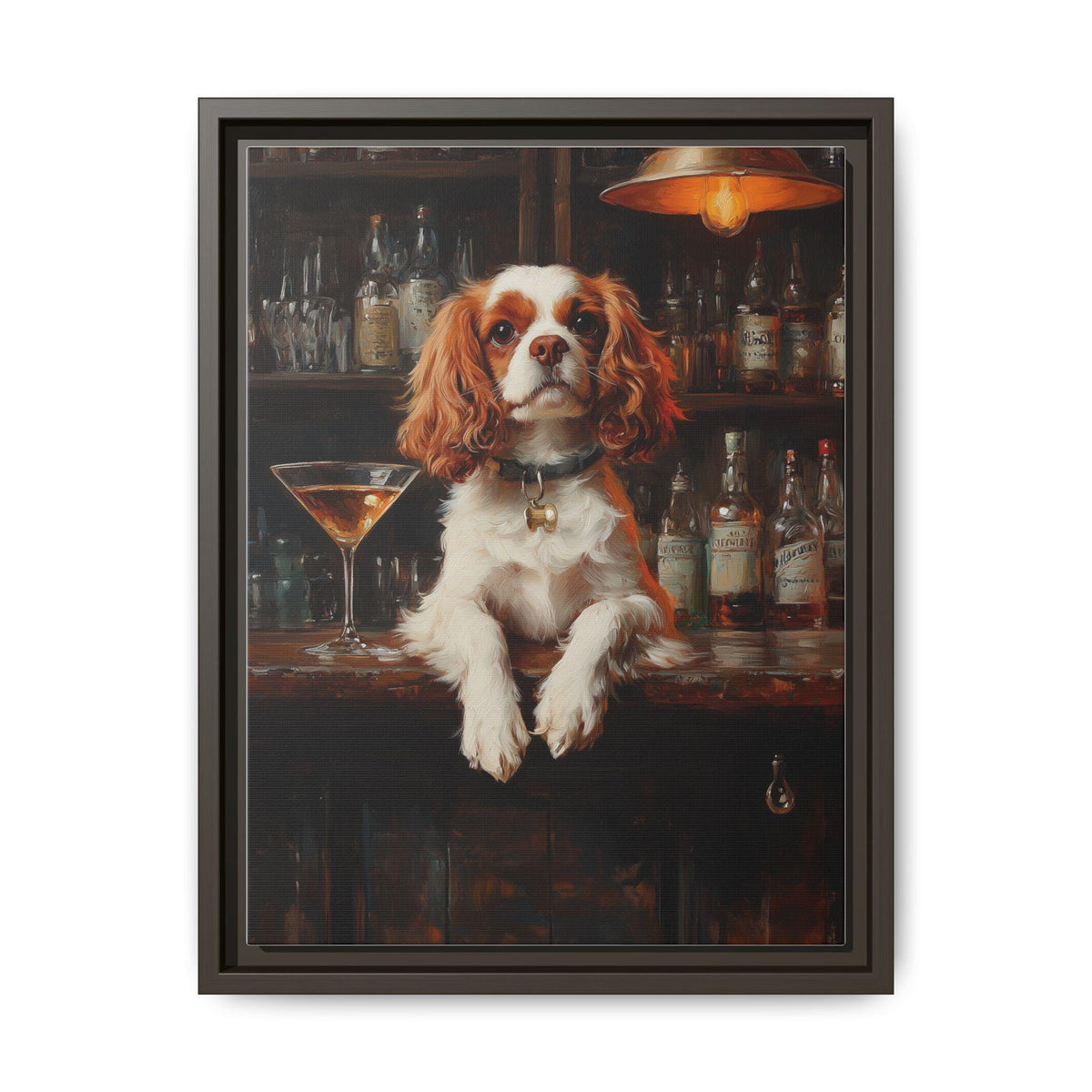 Cavalier King Charles wall art framed canvas print in an espresso wood frame