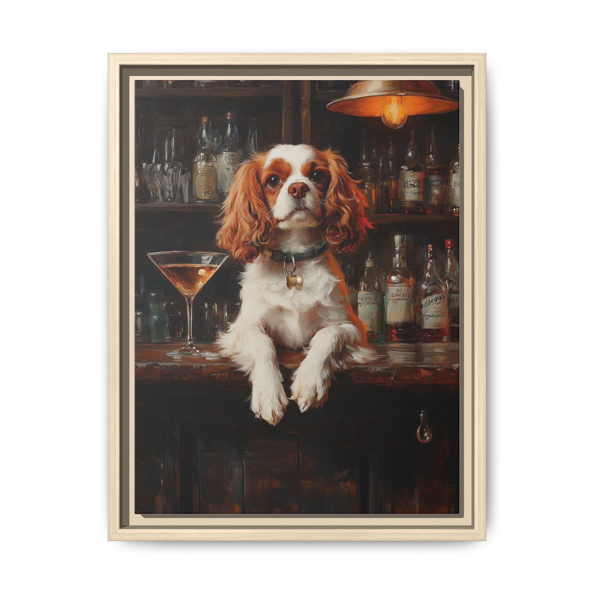 Cavalier King Charles wall art framed canvas print in a natural wood frame
