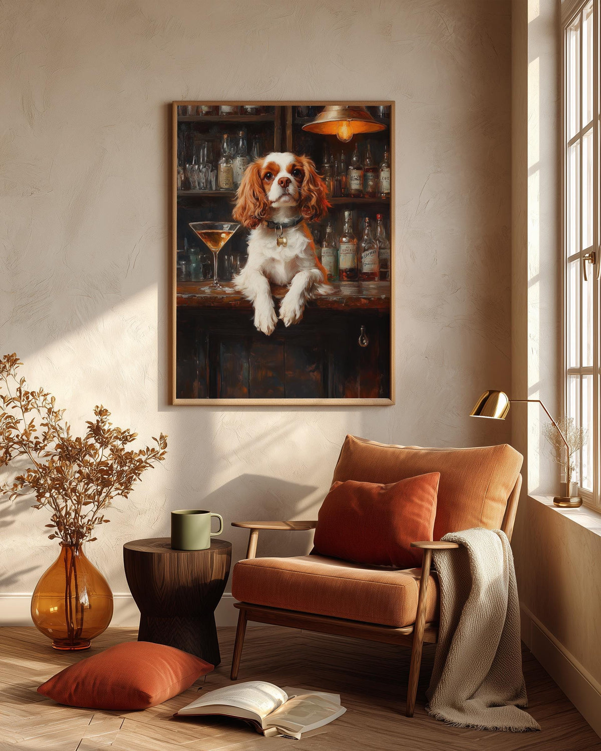Dog bar portrait framed canvas art in a solid wood frame, ready to hang