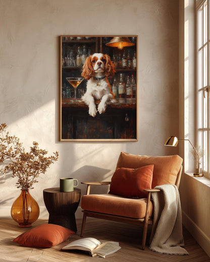 Dog bar portrait framed canvas art in a solid wood frame, ready to hang