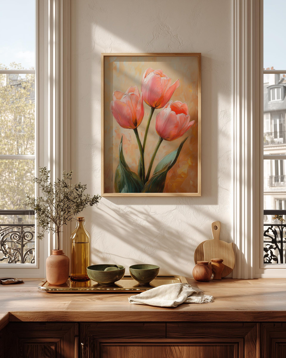 Pink floral framed canvas in a handmade solid wood frame, ready to hang