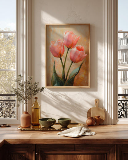 Pink floral framed canvas in a handmade solid wood frame, ready to hang