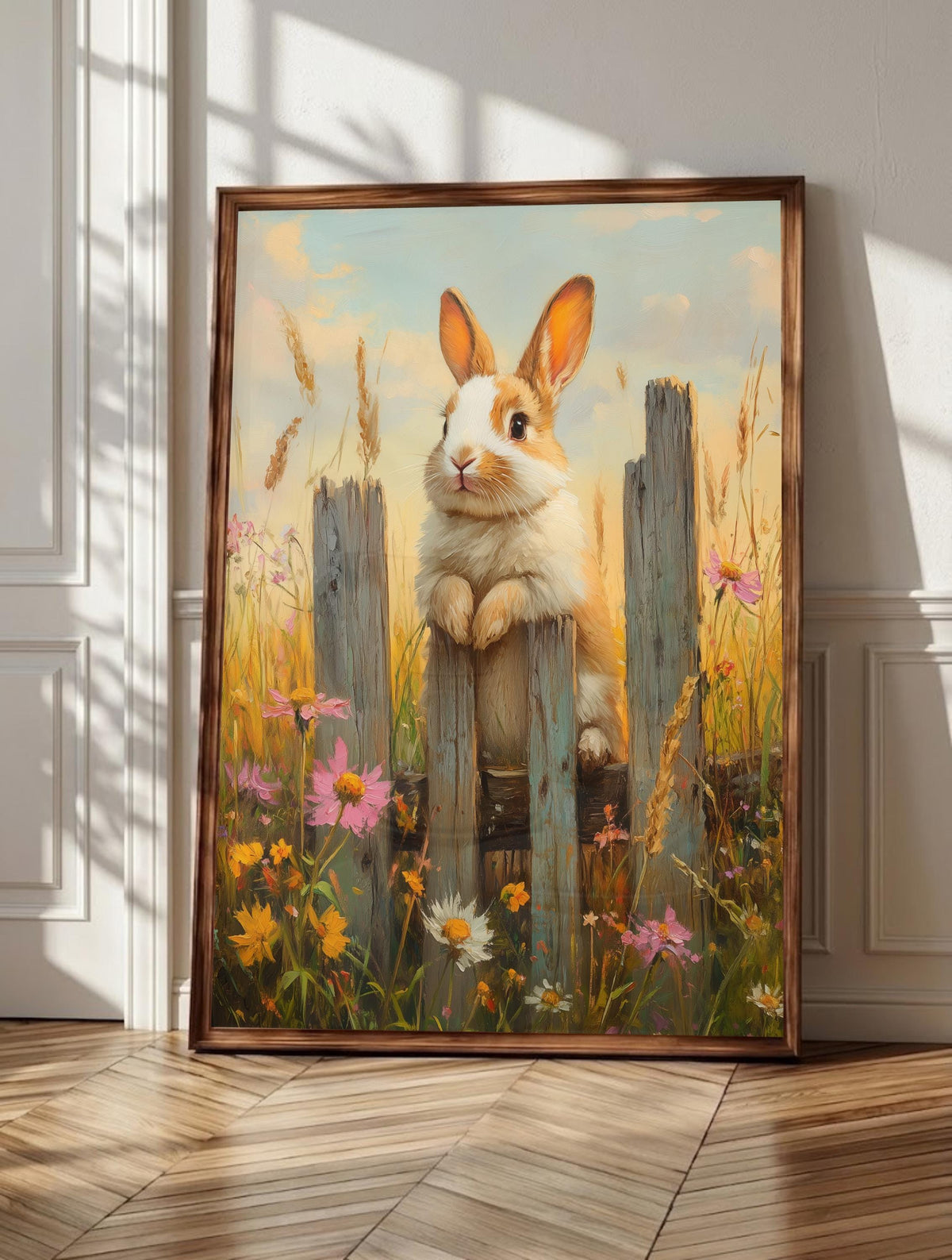 Bunny wall art: a brown and white rabbit sitting upright at a weathered fence