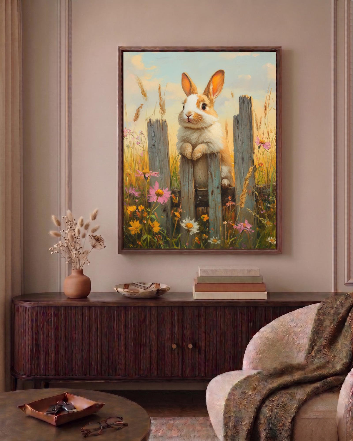 Wildflower bunny framed canvas printed on cotton canvas, ready to hang